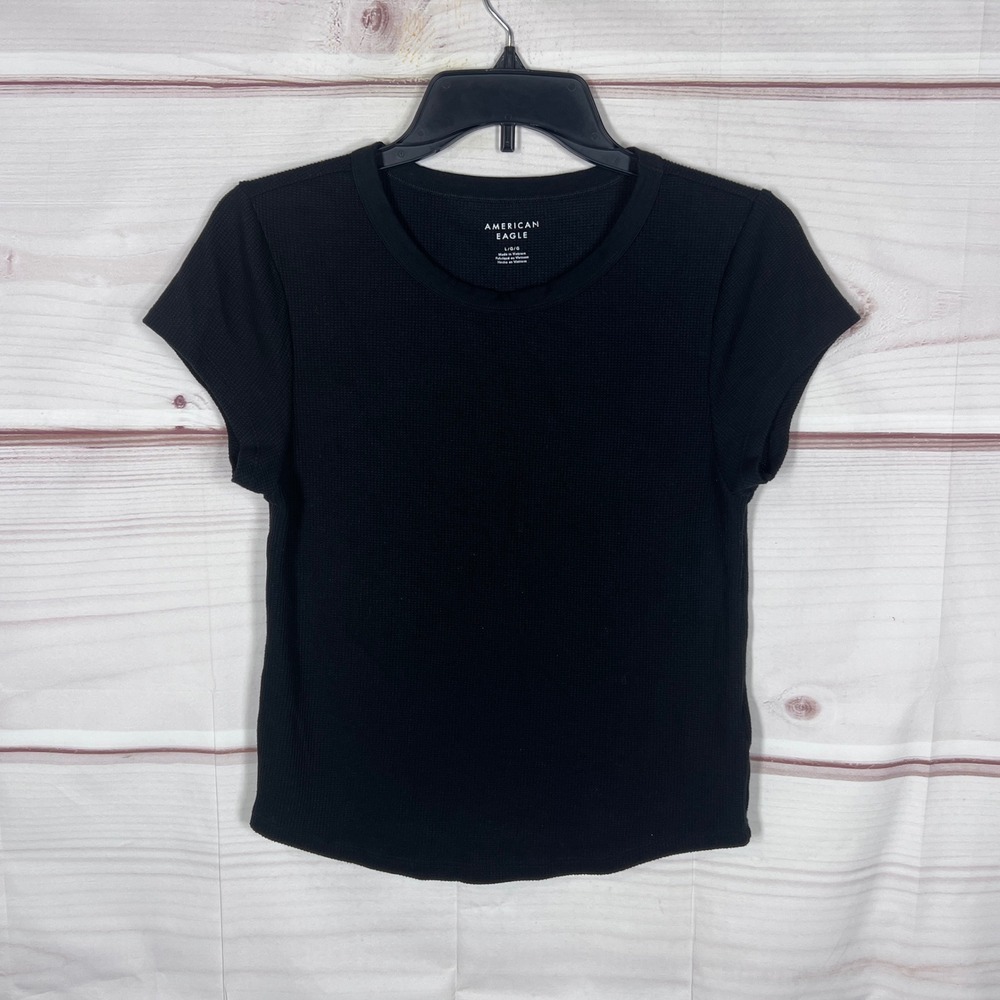 American Eagle T-Shirt Womens L Black Waffle Knit Short Sleeve Crew Neck Cropped